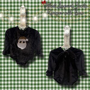 **NWT**Black Velvet and Leopard Santa Romper with Bow